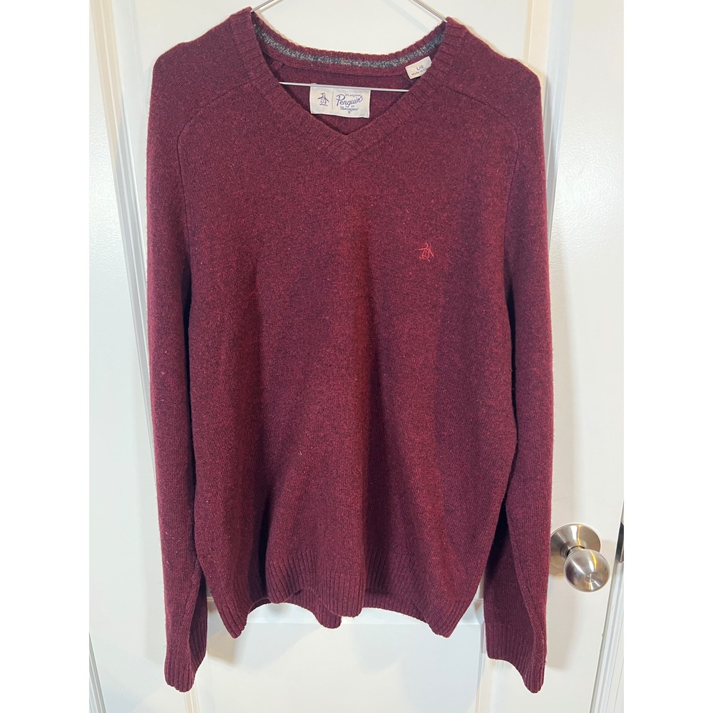 Original Penguin Mens Sweater 100% Lamb Wool V-Neck Burgundy Size L